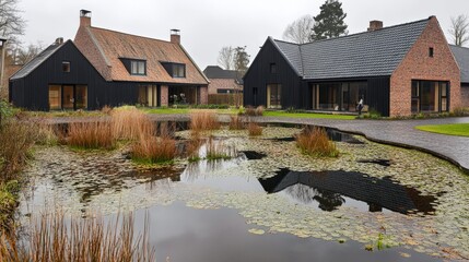 Fototapeta premium Modern architecture, two sleek houses reflecting in a serene pond filled with water lilies and reeds, showcasing contemporary design and tranquil landscaping.