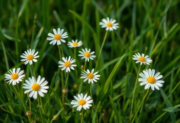 Delicate white chamomile flowers bloom amidst lush green grass, wallpaper, chamomile