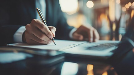 Obraz premium Person in suit writing on paper. Focus on hand, pen, and writing surface.