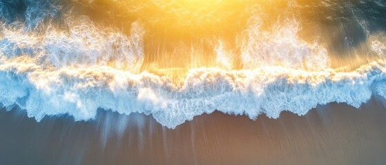 Golden sunlight illuminates foamy ocean waves as they break on a sandy beach  Aerial view