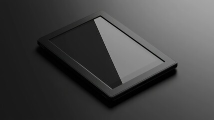 A sleek, minimalistic black tablet rests on a black surface.