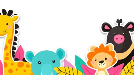 Naklejka premium Cute Cartoon Animals with Tropical Leaves on White Background