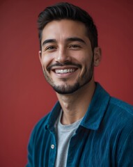 Fototapeta premium Cheerful American man laughing over maroon background. Ai Generative.