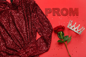 Word PROM with dress, crown and rose on red background