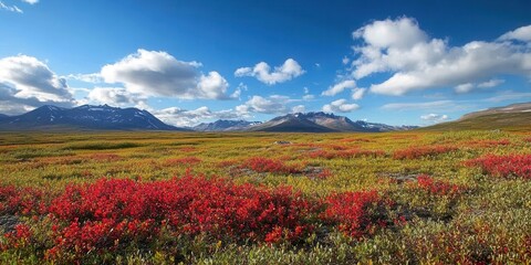 A vibrant landscape of red and yellow flowers under a blue sky with mountains in the background.