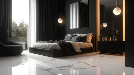 A chic and modern minimalist bedroom featuring sleek lines, natural light, and a harmonious color palette that creates a calming atmosphere for rest and relaxation.