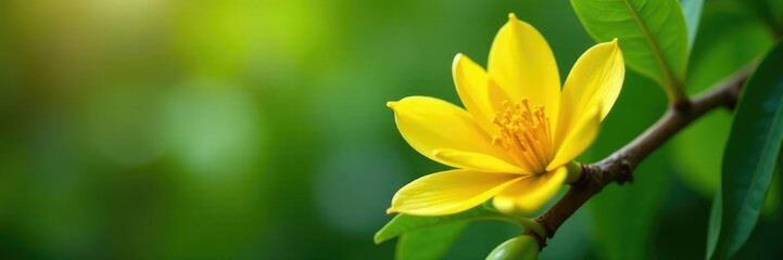 Delicate yellow petals unfolding on a green mango branch, bloom, spring, tropical