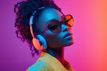 Bright and colorful portrait of a young woman with headphones in a vibrant setting, enjoying music with confidence and style during a creative photoshoot