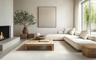 A minimalist living room with modern furniture and natural elements