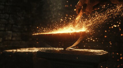 A blacksmith's hand shapes metal with fire and hammer, creating sparks.