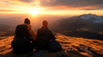 Two hikers sit atop a mountain ridge, watching a vibrant sunset over the vast mountain range.  Golden hour light bathes the landscape in warmth as they pause and appreciate the breathtaking scenery