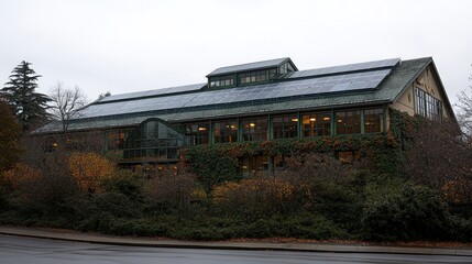 Modern building with solar panels, covered in ivy, festive lights, and surrounded by lush greenery. Perfect for showcasing sustainable architecture and winter ambiance.
