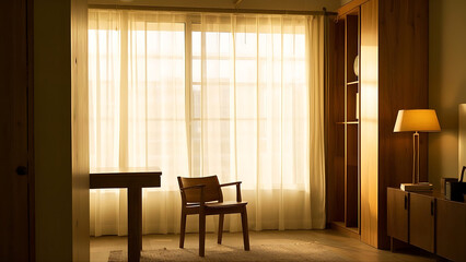 Fototapeta premium Cozy room with wooden furniture, sheer curtains, wooden chair, and warm lighting by the window.