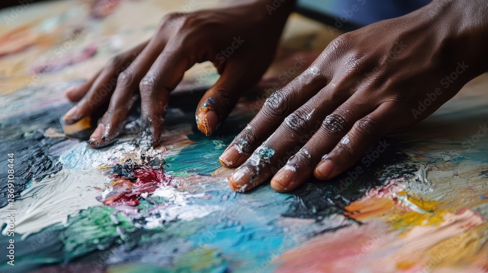 Fototapete artist's hands create intricate patterns on a colorful canvas in a dimly lit studio, capturing the e
