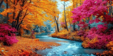 A vibrant autumn landscape showcasing colorful trees and a flowing river.