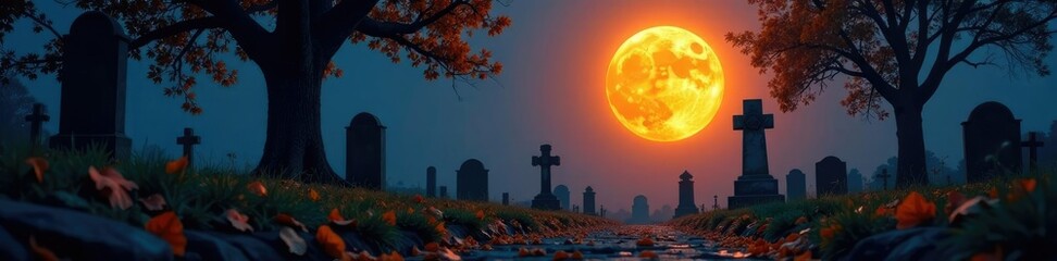 Fototapeta premium Full moon casting an orange glow over a dark and deserted graveyard, dark graveyard, autumn leaves