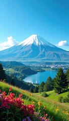 Fototapeta premium Fuji against a clear blue sky with only a few wispy clouds, serene scenery, majestic landscape