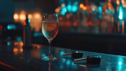 Wine glass and car keys on bar counter in night club. Possible use stock photo for articles related to impaired driving, responsible drinking, or nightlife