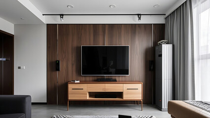 Fototapeta premium Contemporary living area with dark wood feature wall, wooden TV cabinet, gray sofa, and large window.