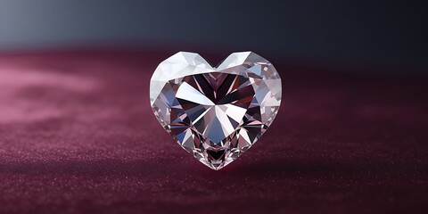 Fototapeta premium Sparkling heart-shaped diamond resting on rich burgundy surface reflecting light with exquisite clarity