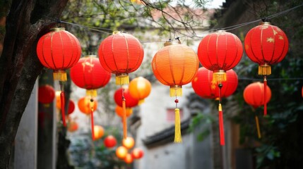 Obraz premium A vibrant display of red lanterns hanging among trees, enhancing the beauty of the surroundings and portraying the significance of light, culture, and celebration in life.