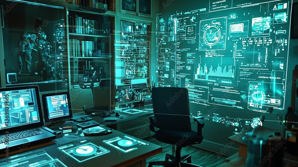 Poster interactive holographic productivity hub in a modern workspace generative ai