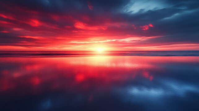 Fiery red sunset reflecting in water, clouds above, horizon