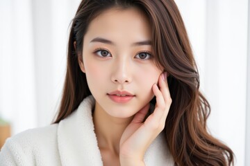 Fototapeta premium A portrait of a young adult Asian woman with long, flowing hair, lightly tanned skin, and a serene expression, gently touching her face indoors against a soft background.