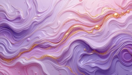 Fototapeta premium Whimsical Lavender and Pink Fluid Art Delicate Swirls and Shimmering Gold Accents