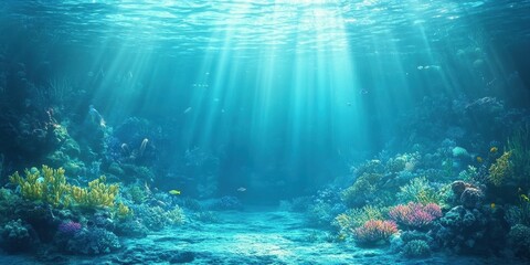 Fototapeta premium A vibrant underwater scene showcasing coral reefs and sun rays penetrating the ocean surface.