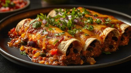 Fototapeta premium Delicious Beef Enchiladas with melted cheese topped with fresh cilantro and red onions A perfect Mexican food dish for dinner