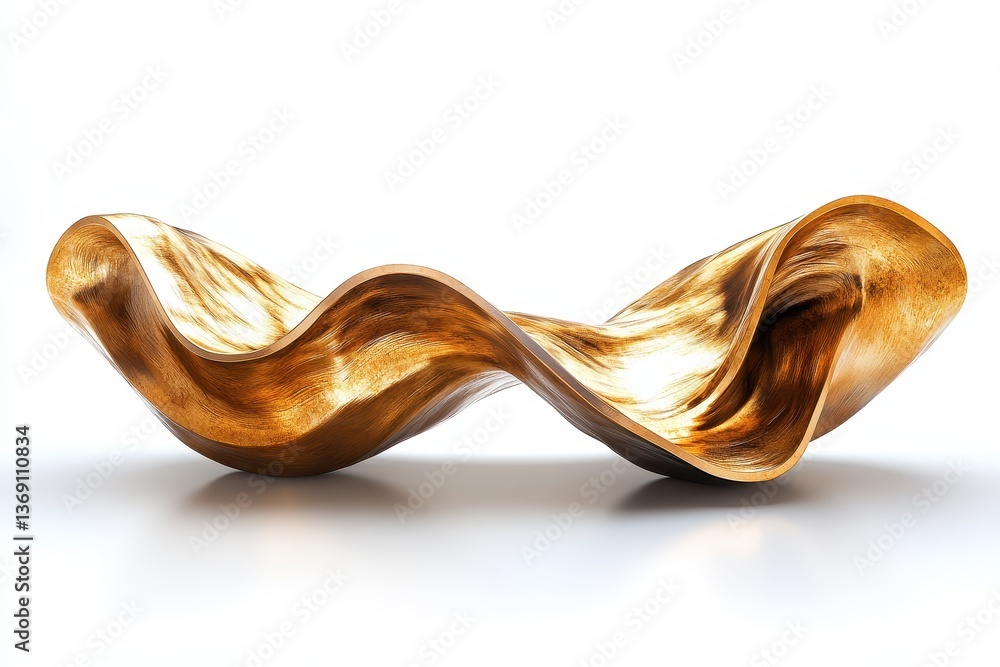 Poster sculptural piece in flowing form showcases craftsmanship with curves and shine in a modern art studi