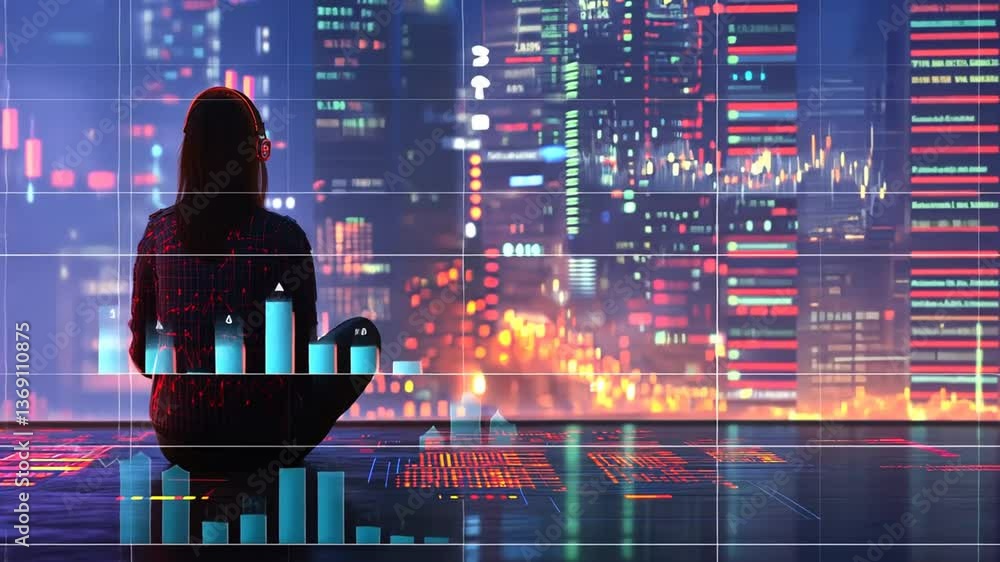 Poster trader analyzes market data in a futuristic financial hub generative ai