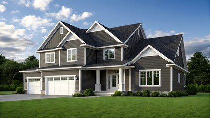 Fototapeta premium Dormer windows on the sloped shingle roof of a newly built house in Massachusetts, USA