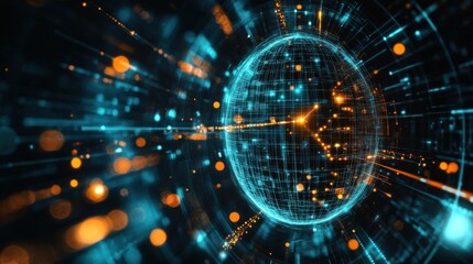 Obraz premium Futuristic Digital Globe Surrounded by Dynamic Particles and Bright Lights, Representing Advanced Technology, Connectivity, and Globalization in a Vibrant Data Universe