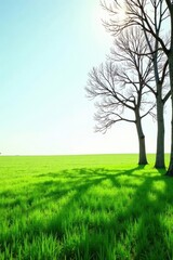 Fototapeta premium Serene Landscape Featuring Two Leafless Trees Casting Long Shadows Across a Vibrant Green Field Under a Clear Sky