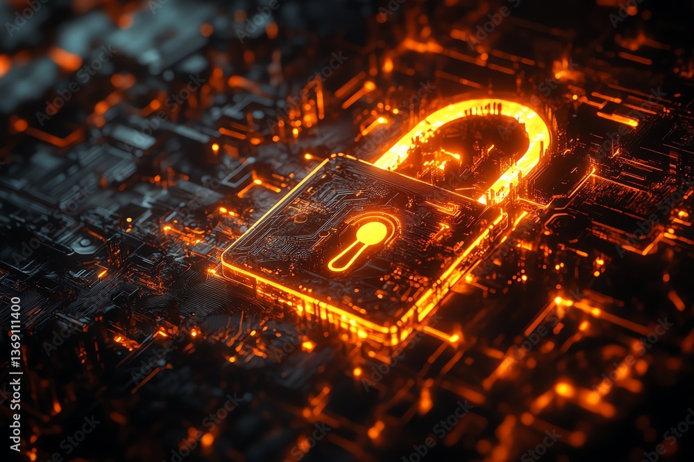 Poster illuminated lock on circuit board representing digital security concept