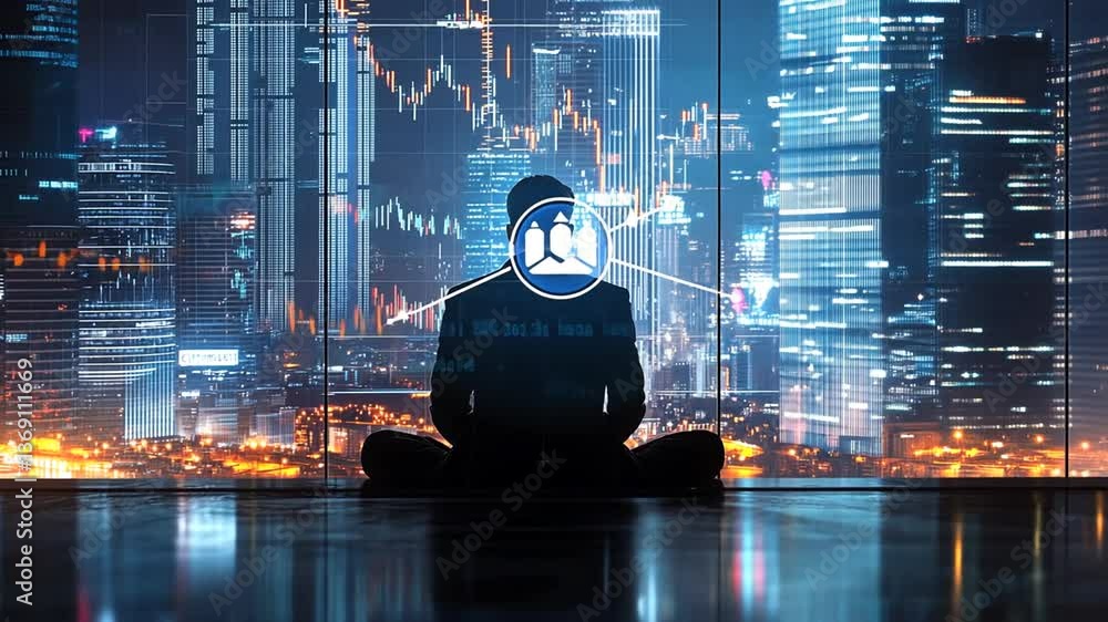 Poster trader focused on market analysis in a futuristic financial hub generative ai