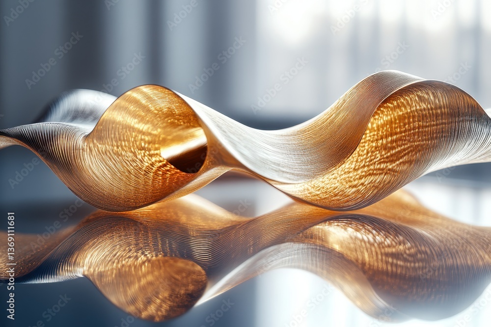 Poster sculptural piece in flowing form showcases craftsmanship with curves and shine in a modern art studi
