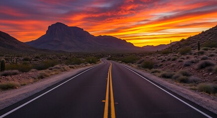 A paved road with yellow stripes stretches through Big Bend National Park at sunset, leading toward distant mountains under a vibrant sky, capturing the essence of a scenic road trip.