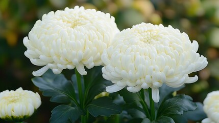Crisp White Chrysanthemums with Lush Green Leaves in Natural Outdoor Setting