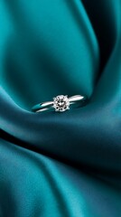 Diamond Ring Solitaire on Luxury Turquoise Fabric, Closeup Jewelry Still Life