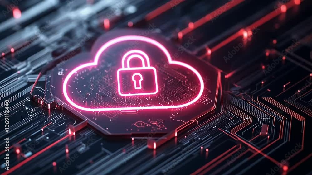 Poster a closeup view of a cloud icon encased in a shield graphic where the shield is decorated with lock i