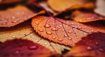 Naklejka premium Close-up of fallen autumn leaves covered in raindrops, showcasing intricate textures, rich seasonal colors, and the beauty of nature after rainfall.