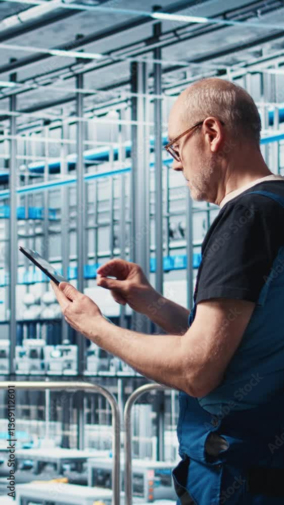 Poster vertical video senior engineer in smart photovoltaics factory looking at system performance metrics 