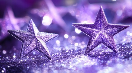 Sparkly purple stars on a glittery surface, festive and decorative.