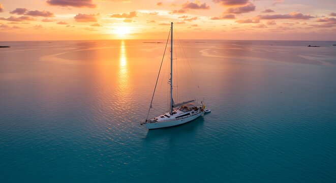 A sailboat anchored in the tranquil, glassy waters of the Bahamas at sunset, reflecting the vibrant hues of the sky in a serene tropical setting.