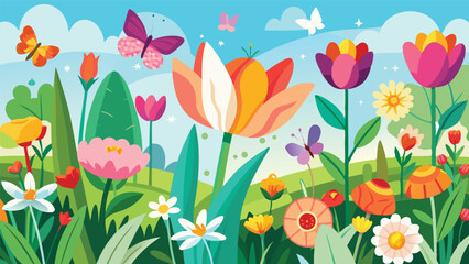 Vibrant Spring Flowers and Butterflies in a Sunny Meadow Illustration
