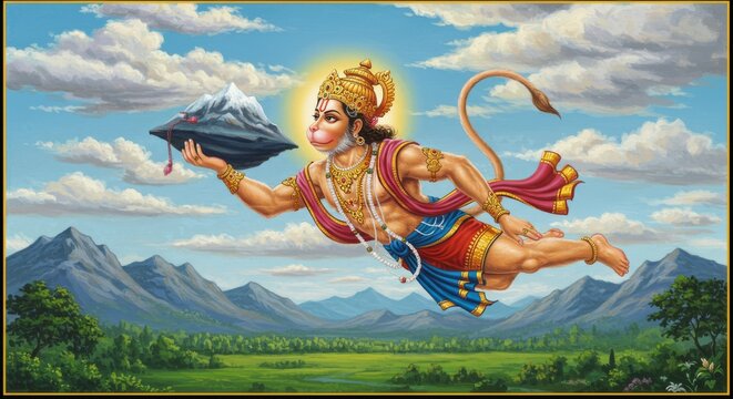 Hanuman Flying with the Dronagiri Mountain, Carrying Sanjeevani for Lakshmana in the Epic Ramayana