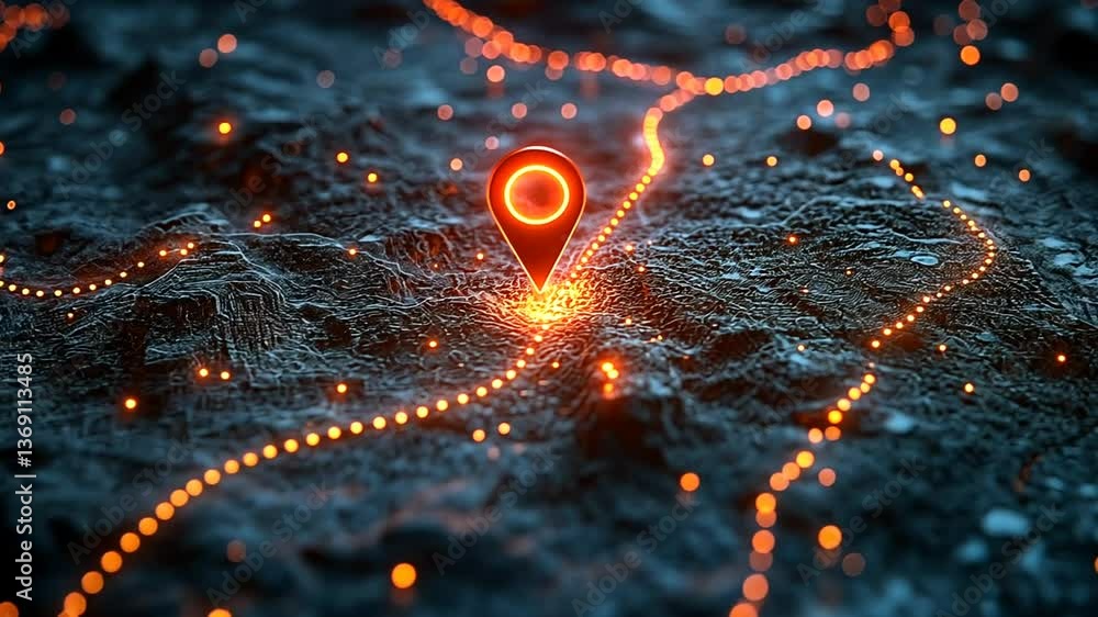 Poster glowing orange navigation path on dark abstract surface